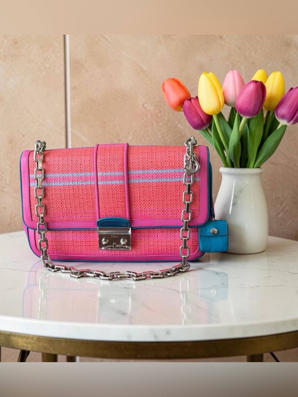 Christian Dior Pink & Orange Woven Raffia Medium Miss Dior Flap Bag